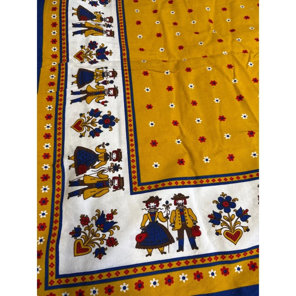 Vintage Made in Austria Cotton Tablecloth Mustard Yellow Folk Art Figural Border